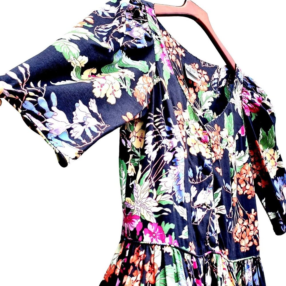 Vintage Laura Ashley Dress M Midi 80s 90s Black Cotton Big Print Floral - Picture 2 of 10